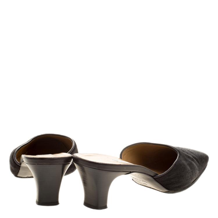 Pre Owned Celine Black Pony Hair Square Toe Mules Size 37