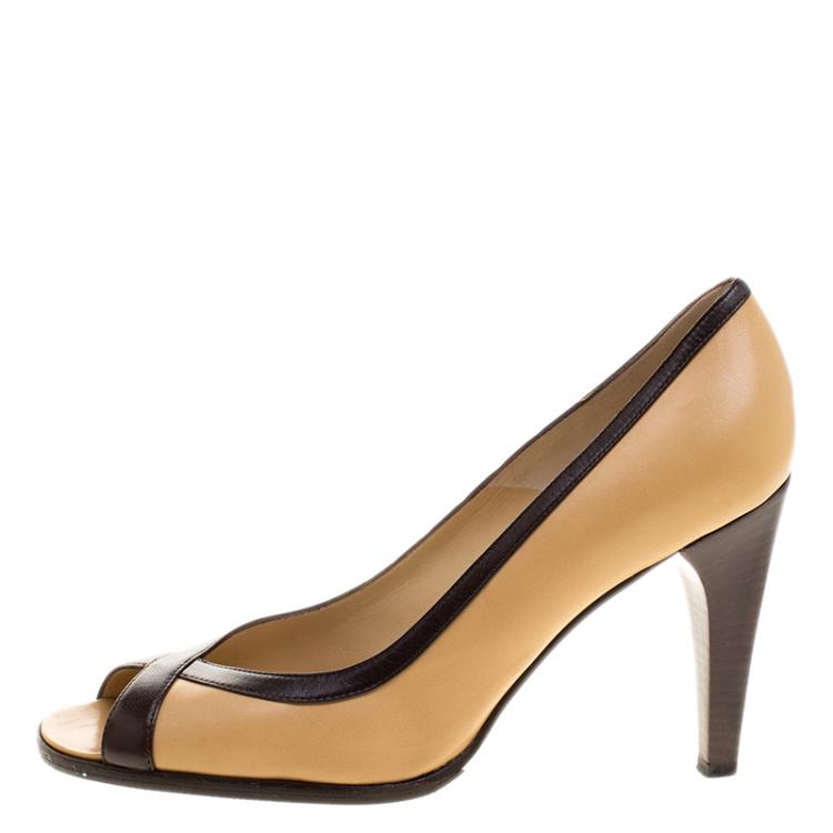 Pre Owned Celine Two Tone Leather Peep Toe Pumps Size 37.5