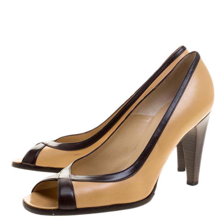 Pre Owned Celine Two Tone Leather Peep Toe Pumps Size 37.5