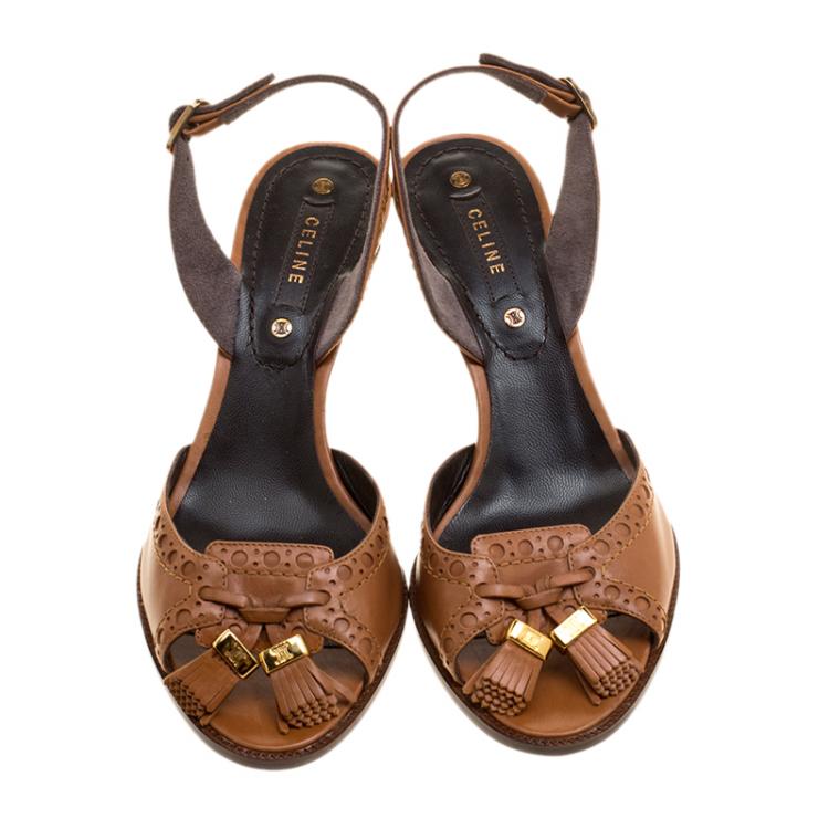 Pre Owned Celine Brown Leather Brogues Macadam Slingback Sandals Size 37