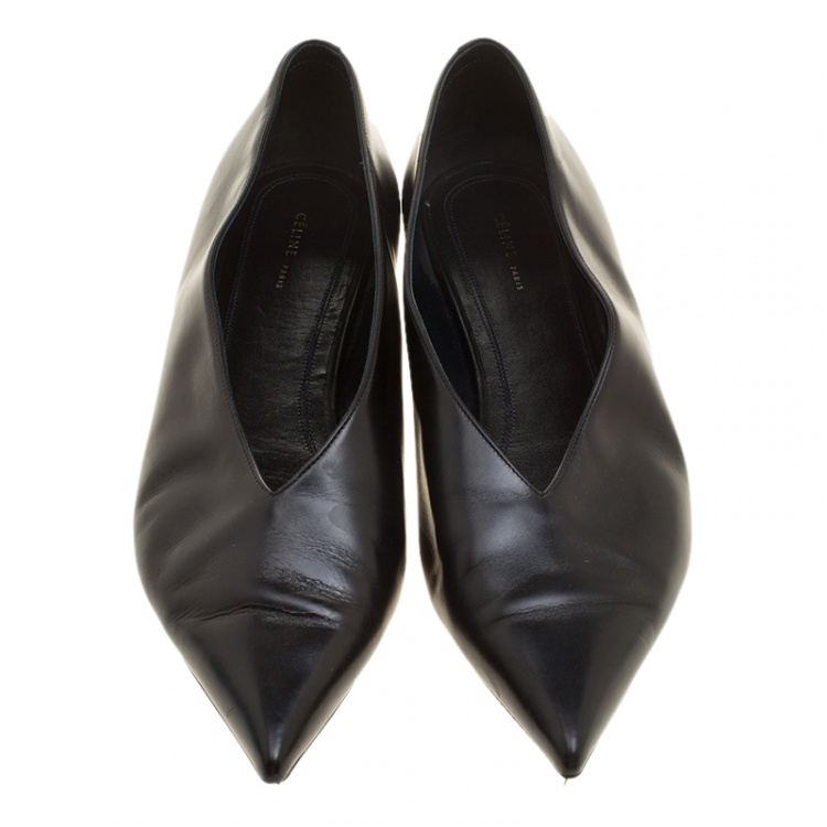 Pre Owned Celine Black Leather Pointed Toe Flats Size 37