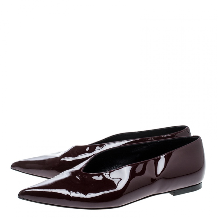 Pre Owned Celine Burgundy Patent Leather V Neck Pointed Toe Flats Size 37