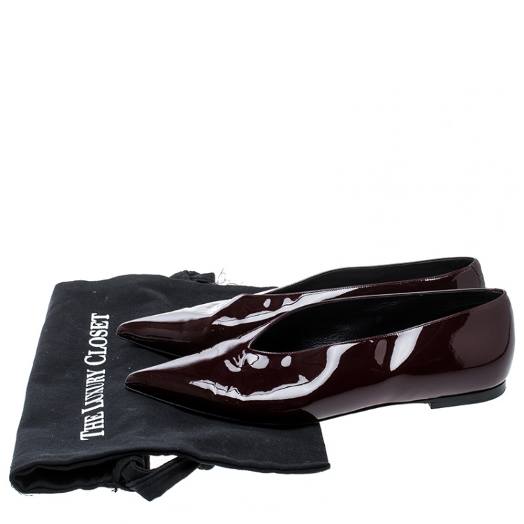 Pre Owned Celine Burgundy Patent Leather V Neck Pointed Toe Flats Size 37