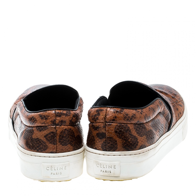 Pre Owned Celine Orange And Black Watersnake Leather Skate Slip On Sneakers Size 38.5