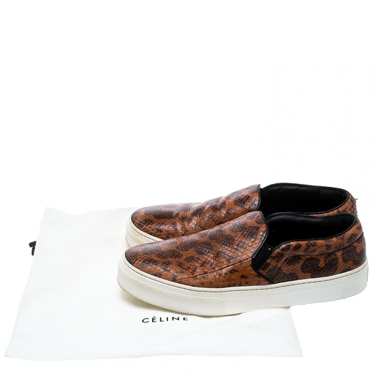 Pre Owned Celine Orange And Black Watersnake Leather Skate Slip On Sneakers Size 38.5