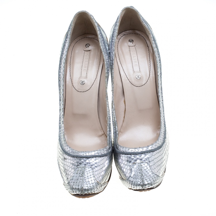 Pre Owned Celine Metallic Silver Python Embossed Leather Platform Pumps Size 40