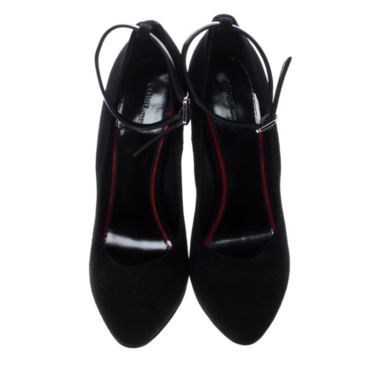 Pre Owned Cèline Black Suede Color Block Wedge Ankle Strap Pumps Size 38