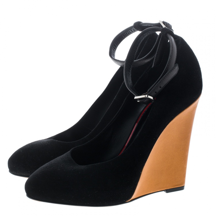 Pre Owned Cèline Black Suede Color Block Wedge Ankle Strap Pumps Size 38