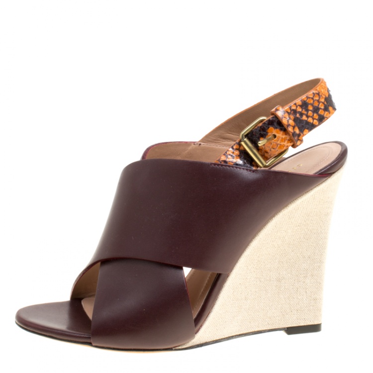 Pre Owned Celine Burgundy/Multicolor Leather and Python Slingback Wedge Sandals Size 37