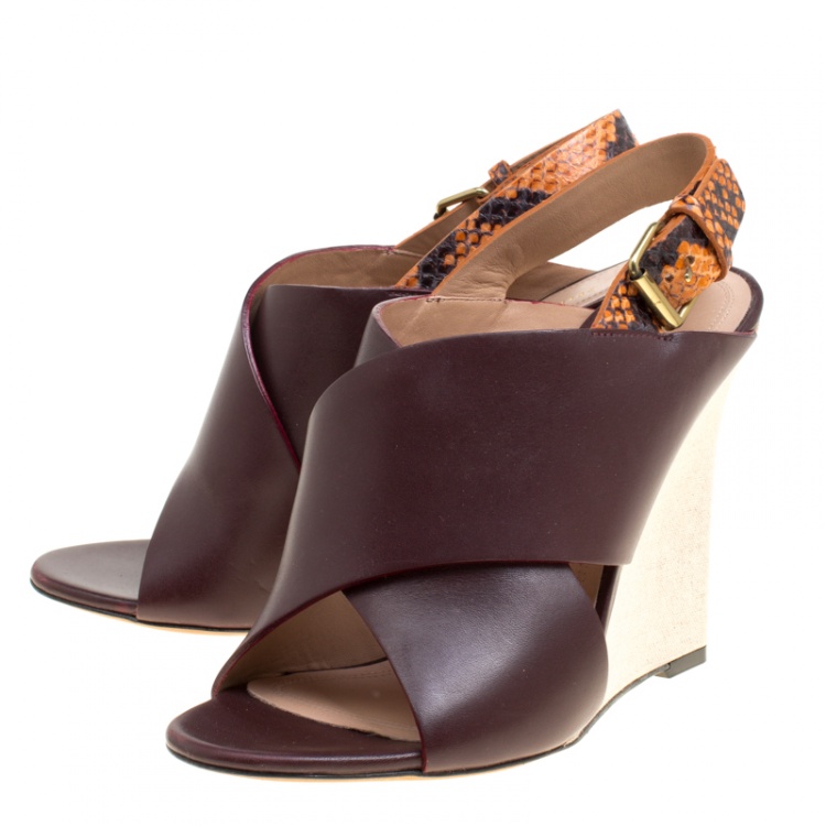 Pre Owned Celine Burgundy/Multicolor Leather and Python Slingback Wedge Sandals Size 37