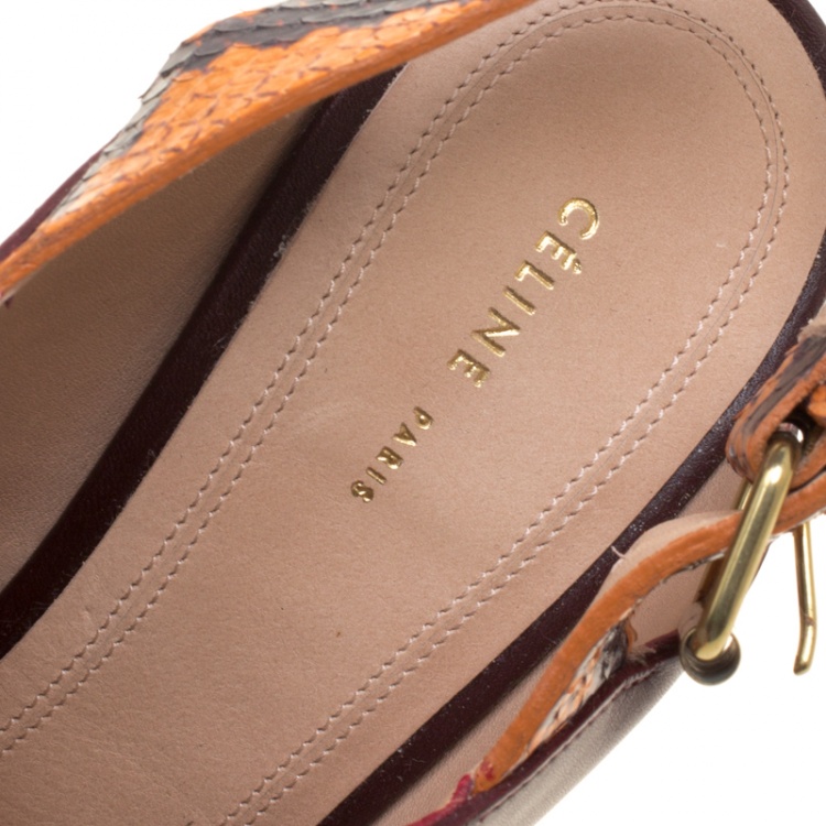 Pre Owned Celine Burgundy/Multicolor Leather and Python Slingback Wedge Sandals Size 37