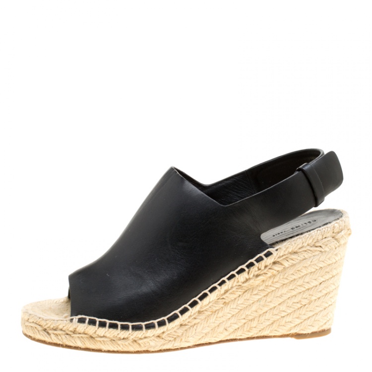 Pre Owned Celine Black Leather Espadrilles Wedge Sandals Size 39