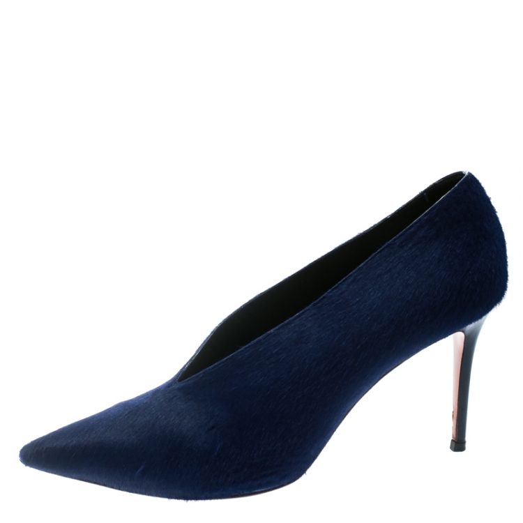 Pre Owned  Celine Blue Calf Hair V Neck Pointed Toe Pumps Size 41