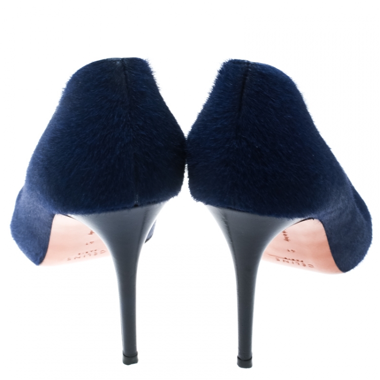 Pre Owned  Celine Blue Calf Hair V Neck Pointed Toe Pumps Size 41