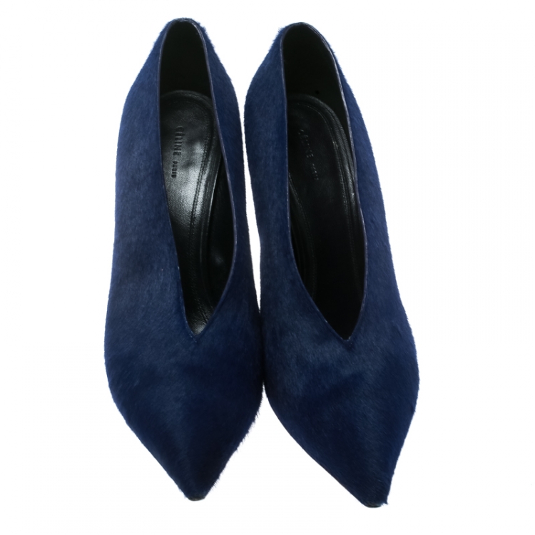 Pre Owned  Celine Blue Calf Hair V Neck Pointed Toe Pumps Size 41