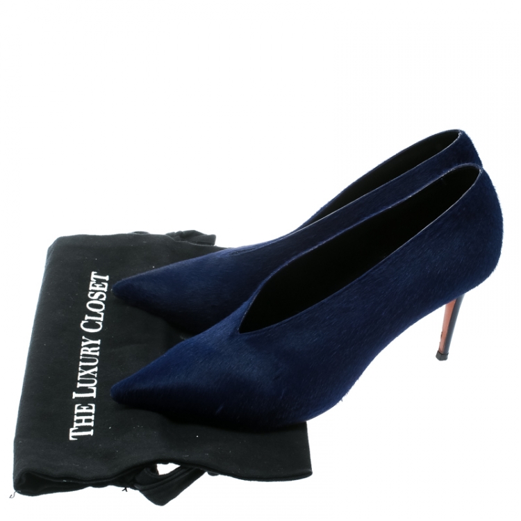 Pre Owned  Celine Blue Calf Hair V Neck Pointed Toe Pumps Size 41