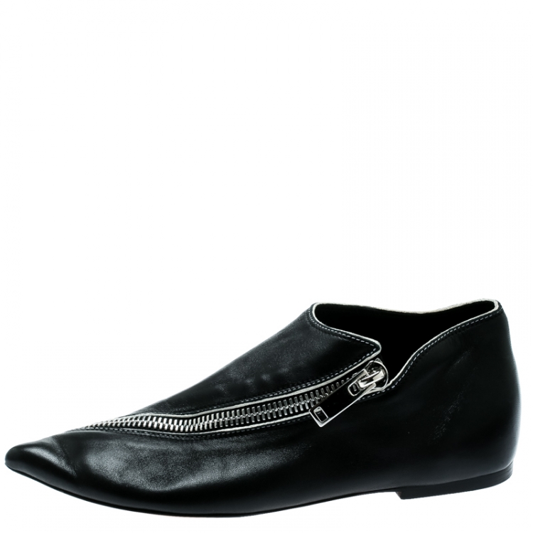 Pre Owned Celine Black Leather Pointy Zipped Ballet Flats Size 37