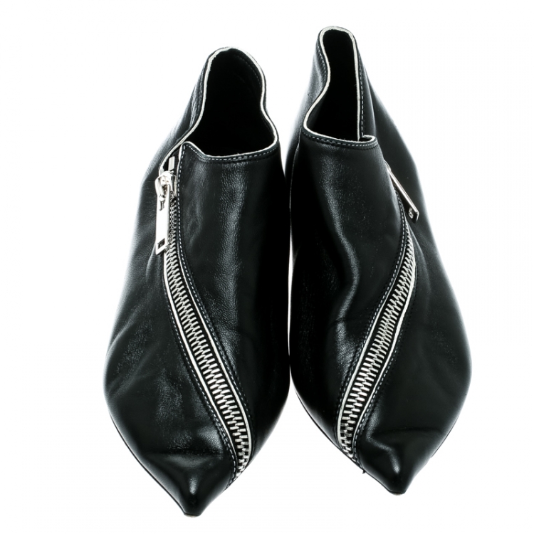 Pre Owned Celine Black Leather Pointy Zipped Ballet Flats Size 37