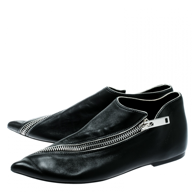 Pre Owned Celine Black Leather Pointy Zipped Ballet Flats Size 37