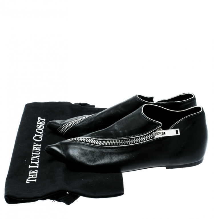 Pre Owned Celine Black Leather Pointy Zipped Ballet Flats Size 37