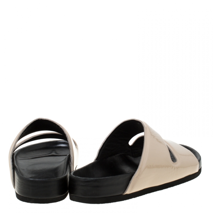 Pre Owned Celine Nude Beige Patent Leather Slide Sandals Size 37