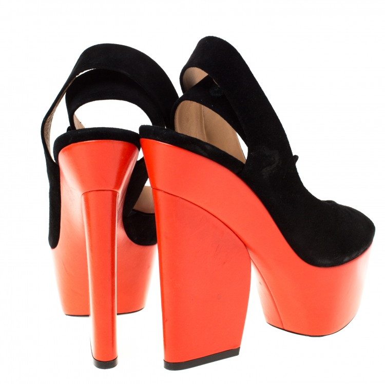 Pre Owned Celine Black/Orange Suede Peep Toe Velcro Strap Platform Sandals Size 37.5