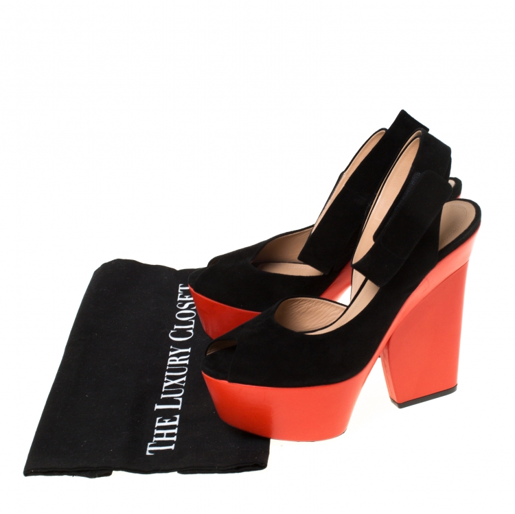 Pre Owned Celine Black/Orange Suede Peep Toe Velcro Strap Platform Sandals Size 37.5