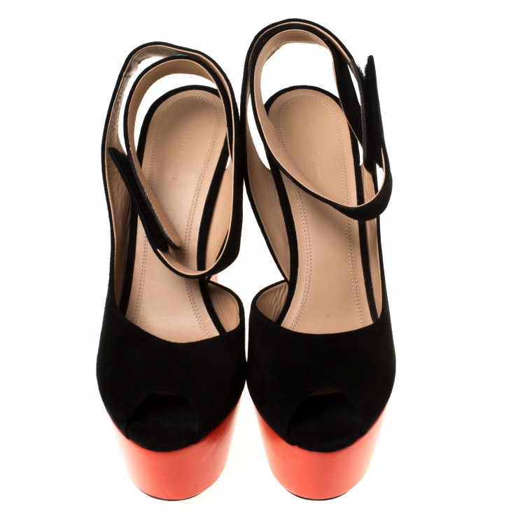 Pre Owned Celine Black/Orange Suede Peep Toe Velcro Strap Platform Sandals Size 37.5