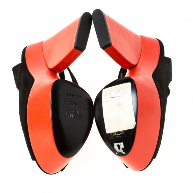 Pre Owned Celine Black/Orange Suede Peep Toe Velcro Strap Platform Sandals Size 37.5