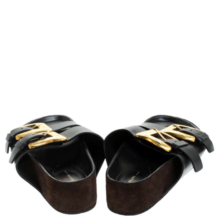 Pre Owned Celine Black Leather Western Gold Buckle Sandal Flats Size 39