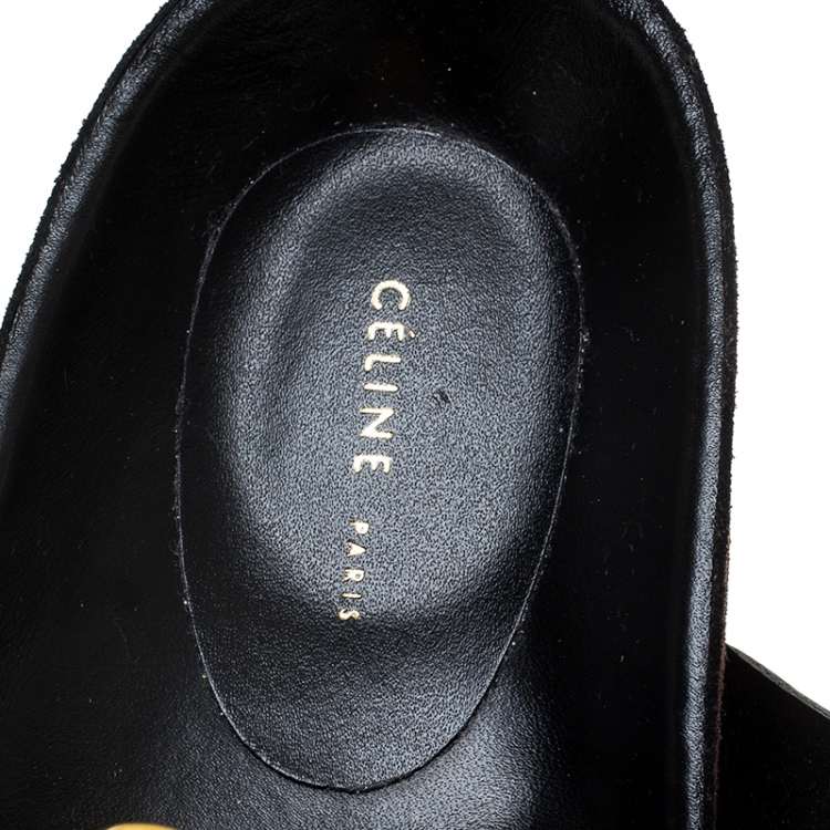 Pre Owned Celine Black Leather Western Gold Buckle Sandal Flats Size 39