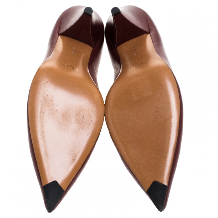 Pre Owned Celine Burgundy Leather V Neck Nappa Pumps Size 39.5