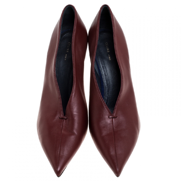 Pre Owned Celine Burgundy Leather V Neck Nappa Pumps Size 39.5