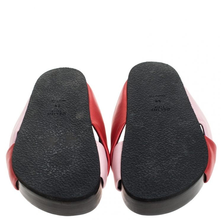 Pre Owned Celine Red/Pink Leather Twist Flat Slides Size 35