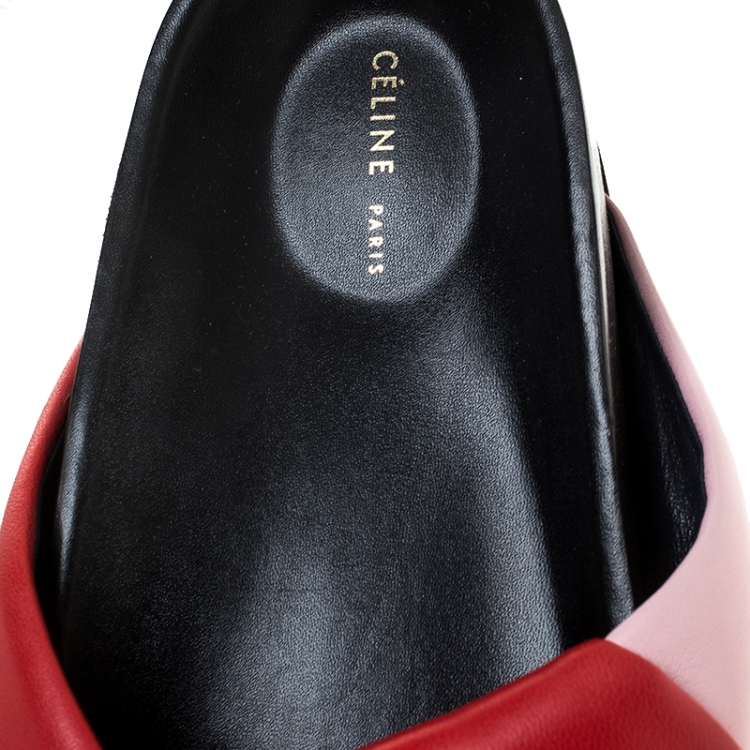 Pre Owned Celine Red/Pink Leather Twist Flat Slides Size 35