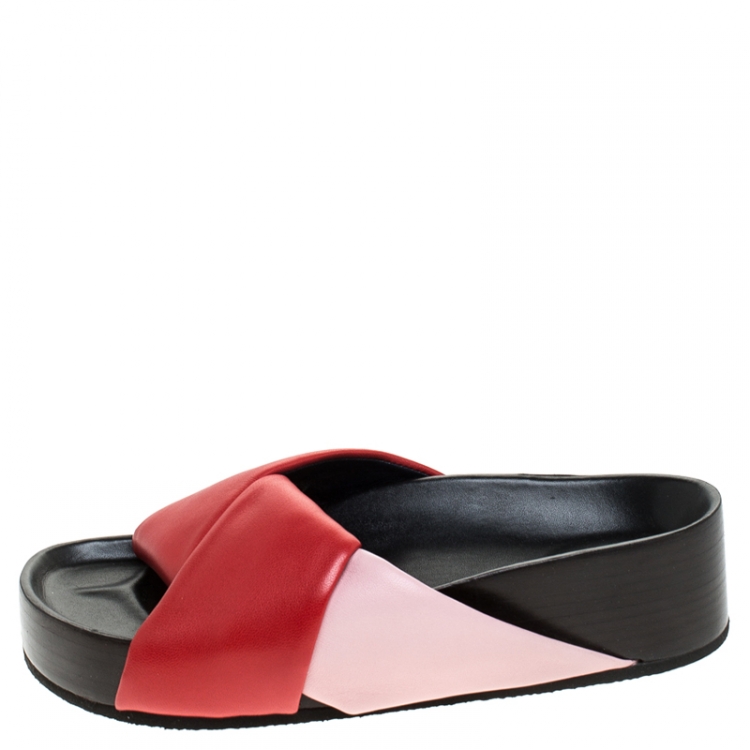 Pre Owned Celine Red/Pink Leather Twist Flat Slides Size 35
