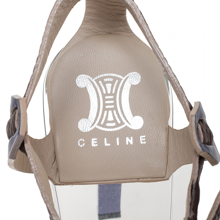 Pre Owned Celine Purple/Brown Cross Leather and Plexiglass Platform Ankle Strap Sandals Size 38.5