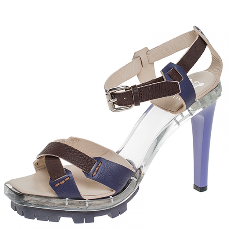 Pre Owned Celine Purple/Brown Cross Leather and Plexiglass Platform Ankle Strap Sandals Size 38.5