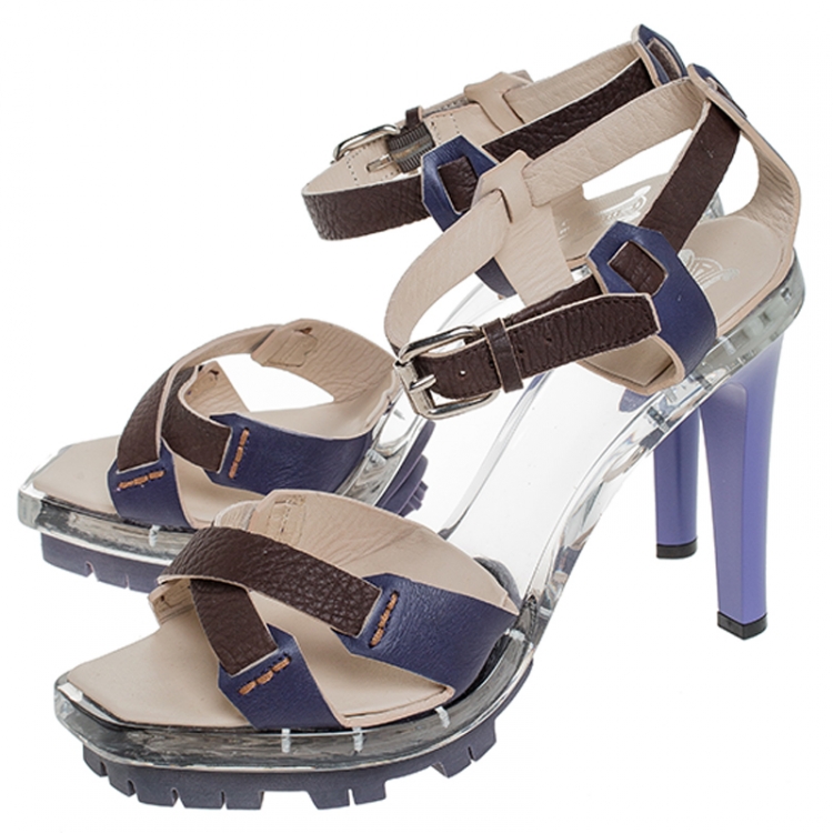 Pre Owned Celine Purple/Brown Cross Leather and Plexiglass Platform Ankle Strap Sandals Size 38.5