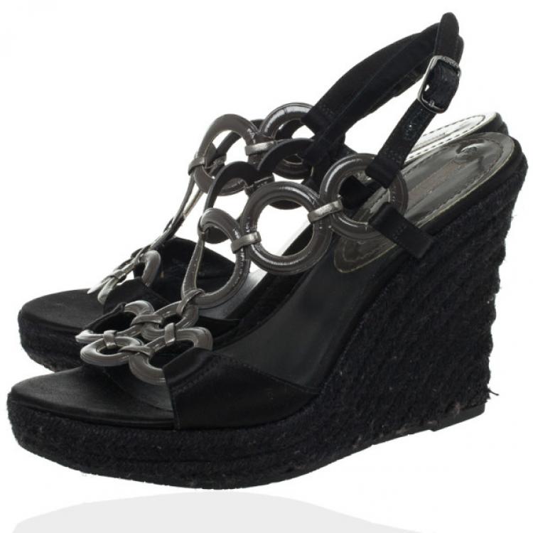 Pre Owned Celine Black Espadrilles Wedges Sandals Size 38