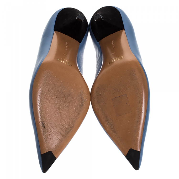 Pre Owned Celine Light Blue Leather V Neck Pointed Toe Pumps Size 38