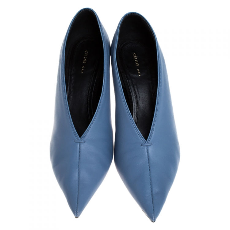 Pre Owned Celine Light Blue Leather V Neck Pointed Toe Pumps Size 38