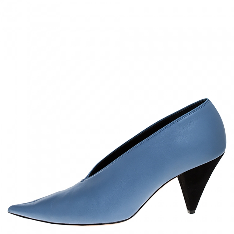 Pre Owned Celine Light Blue Leather V Neck Pointed Toe Pumps Size 38