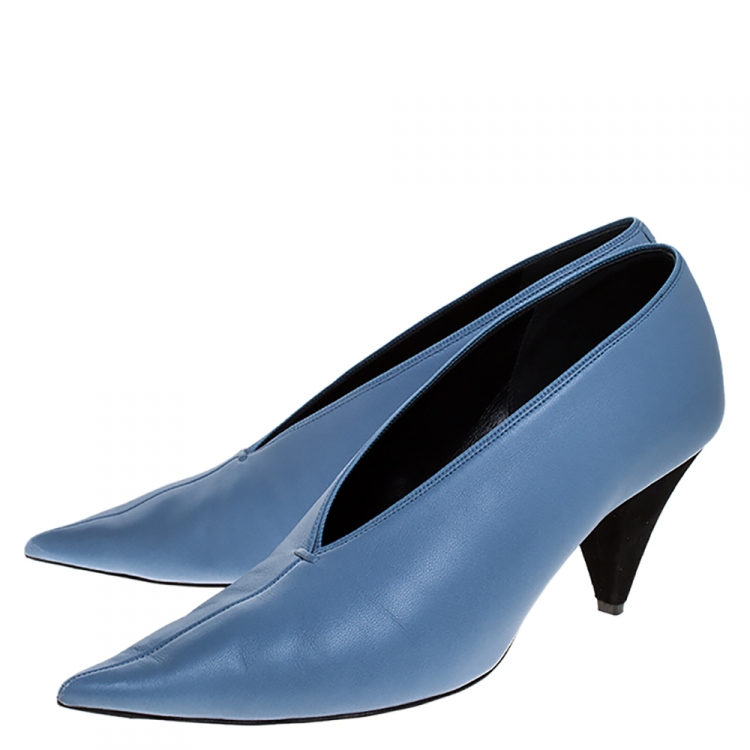 Pre Owned Celine Light Blue Leather V Neck Pointed Toe Pumps Size 38