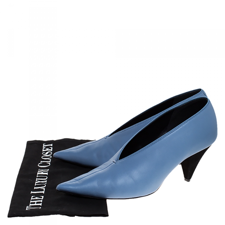 Pre Owned Celine Light Blue Leather V Neck Pointed Toe Pumps Size 38