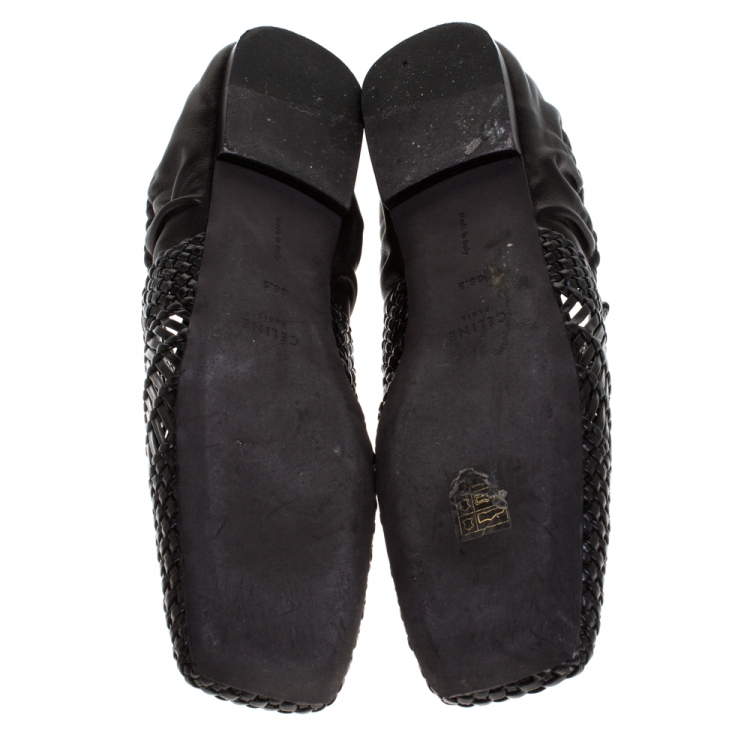 Pre Owned Celine Black Woven Leather Basket Scrunch Loafers Size 38.5