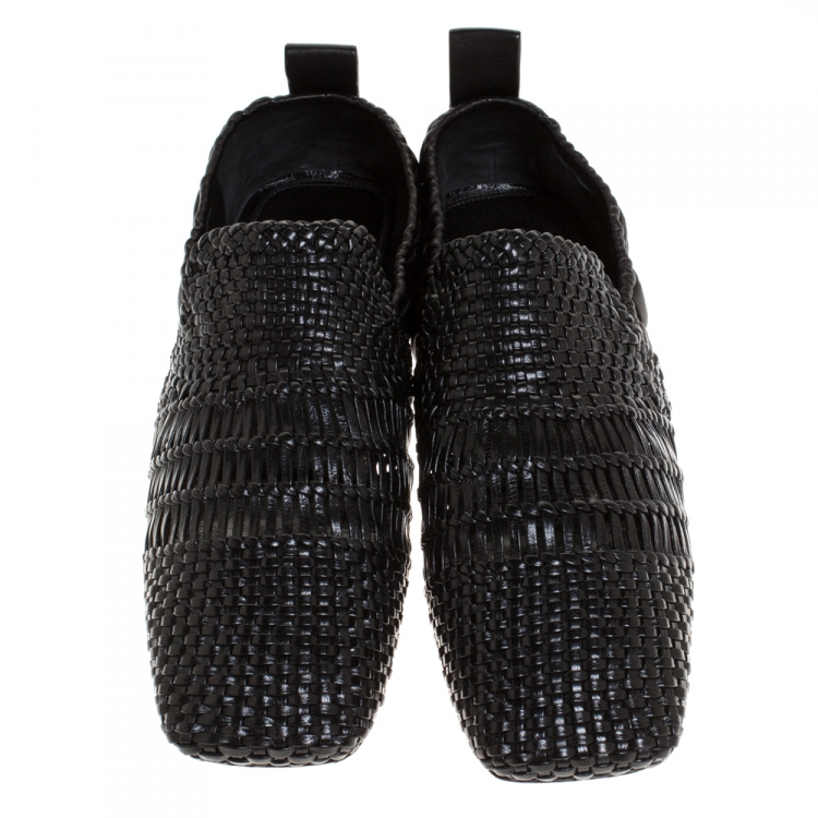Pre Owned Celine Black Woven Leather Basket Scrunch Loafers Size 38.5