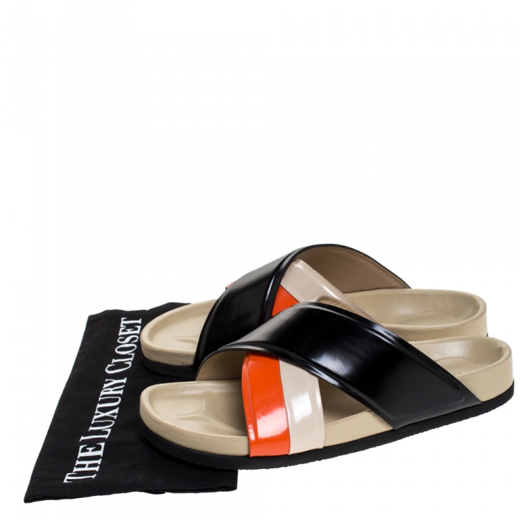 Pre Owned Celine Multicolor Leather Cross Strap Flat Slide Sandals Size 39