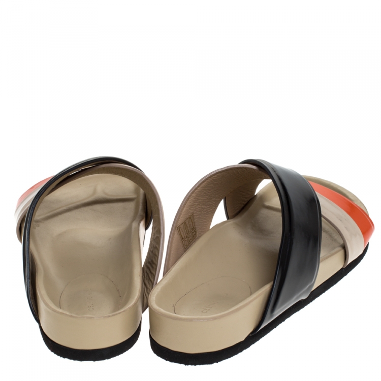 Pre Owned Celine Multicolor Leather Cross Strap Flat Slide Sandals Size 39