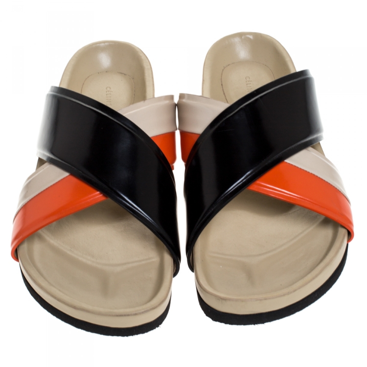 Pre Owned Celine Multicolor Leather Cross Strap Flat Slide Sandals Size 39